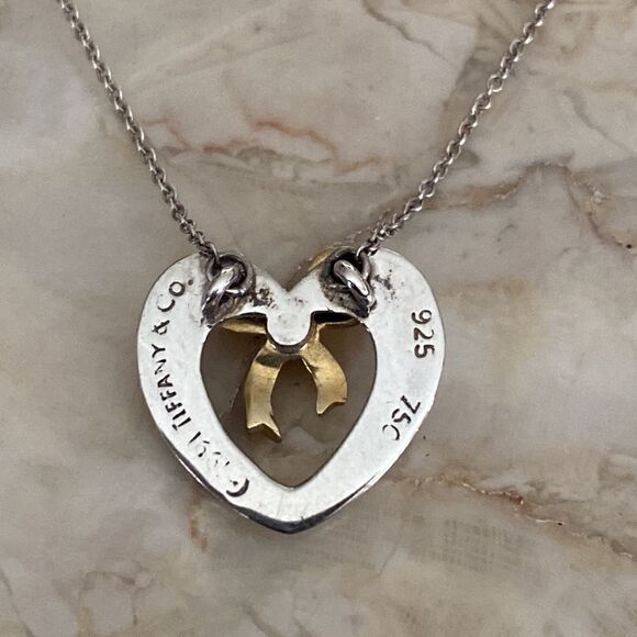 Tiffany & Co. 18K Gold & Sterling Silver Heart & Bow Ribbon Necklace - Picture 4 of 10